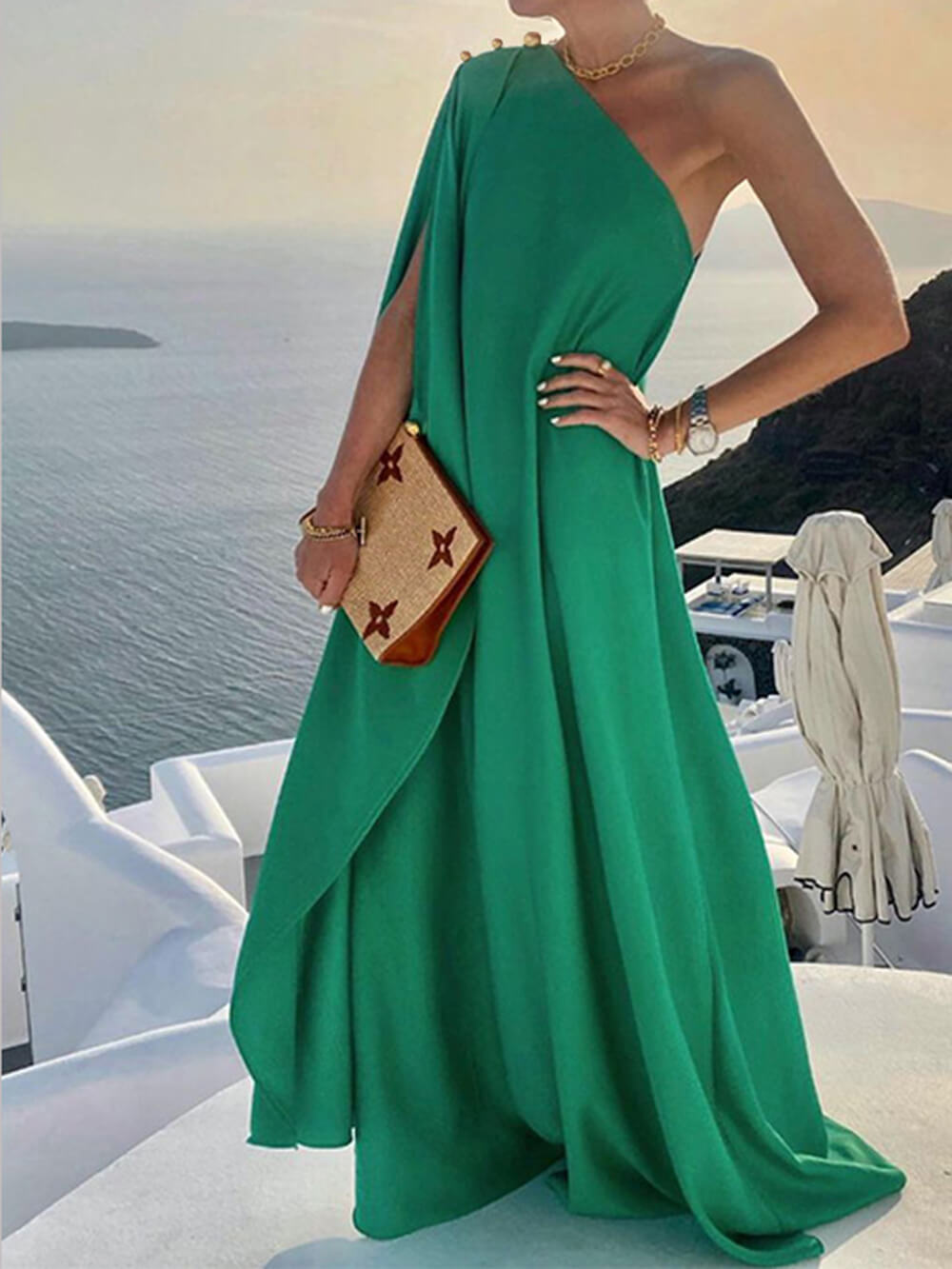 EleganceUnveiled Women's Draped One-Shoulder Maxi Dress