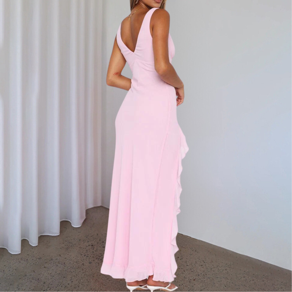 BelleFemme Elegant Sleeveless V-Neck Dress with High-Low Hem