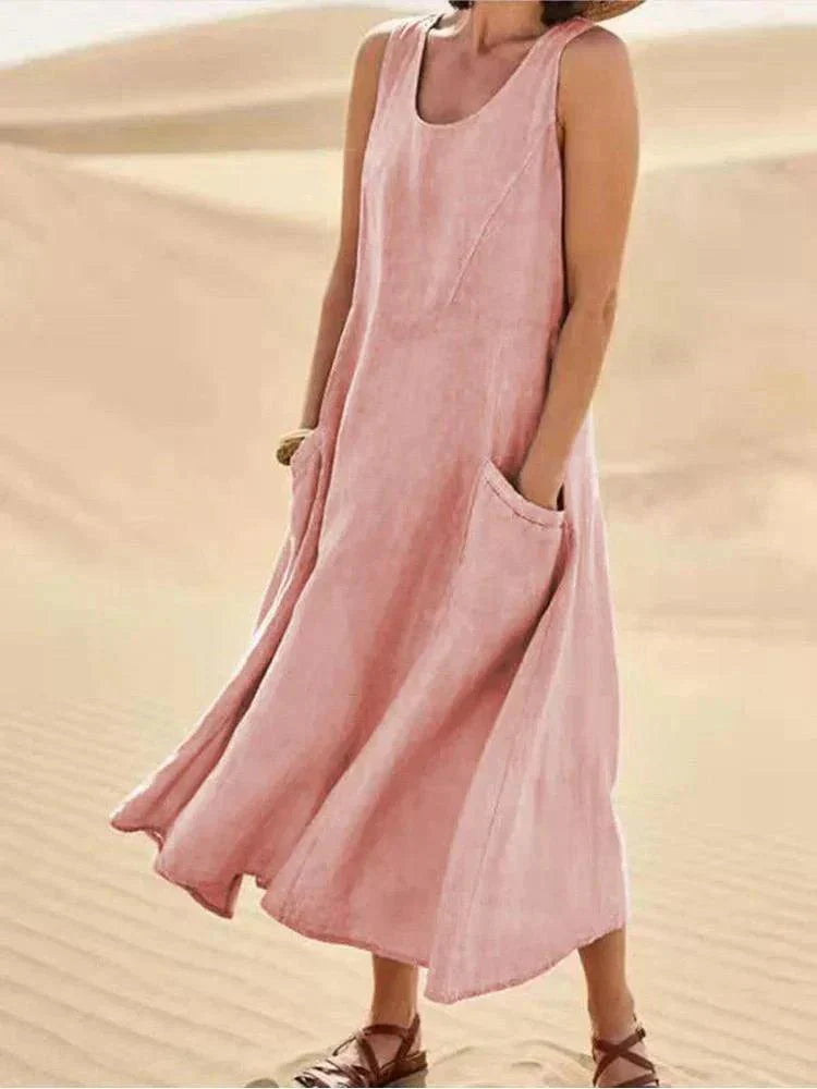 BellaChic Women's Linen Maxi Dress with Handy Pockets