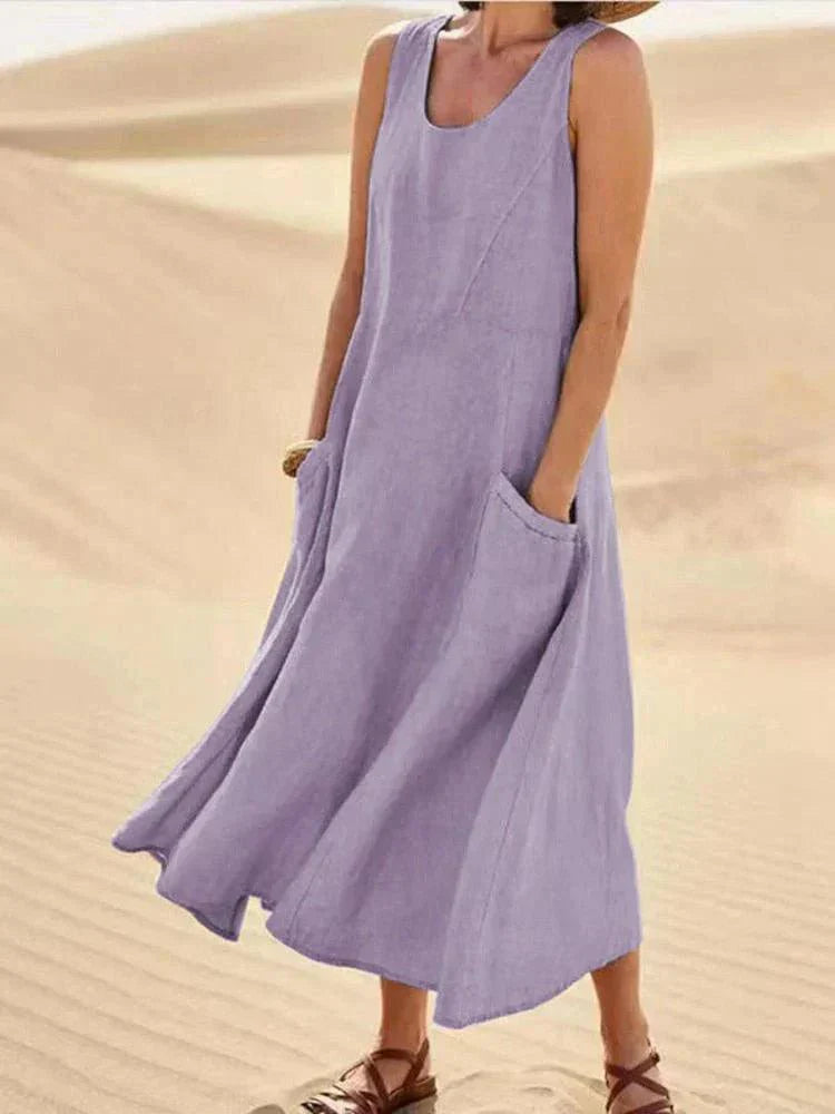 BellaChic Women's Linen Maxi Dress with Handy Pockets