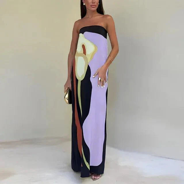 EcoChic Avocado Print Strapless Maxi Dress – Perfect Off-Shoulder Summer Attire for Women