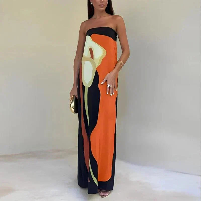 EcoChic Avocado Print Strapless Maxi Dress – Perfect Off-Shoulder Summer Attire for Women