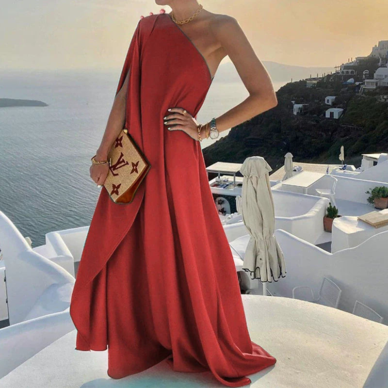 EleganceUnveiled Women's Draped One-Shoulder Maxi Dress