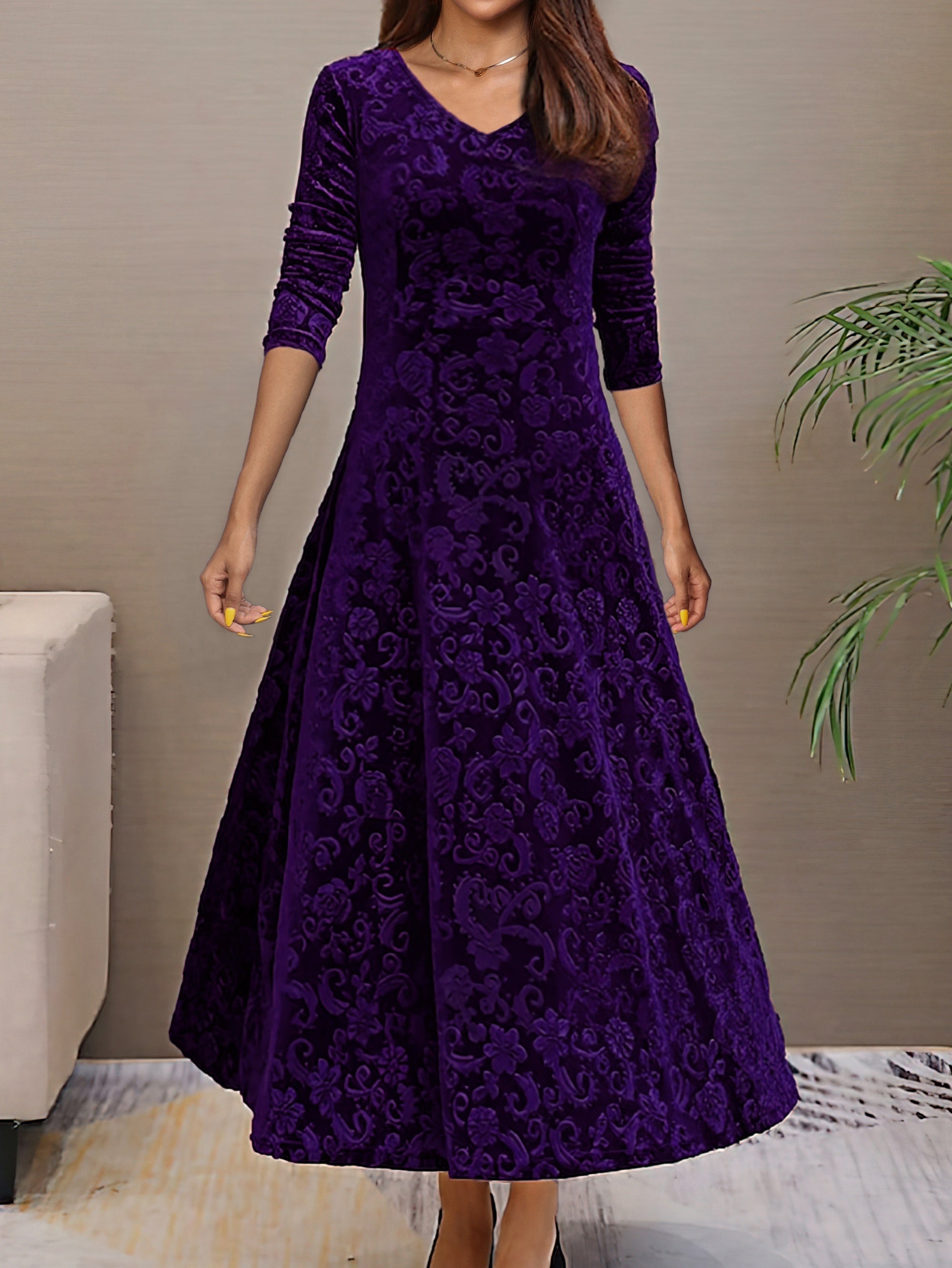 luxurious velvet maxi dress with long sleeves
