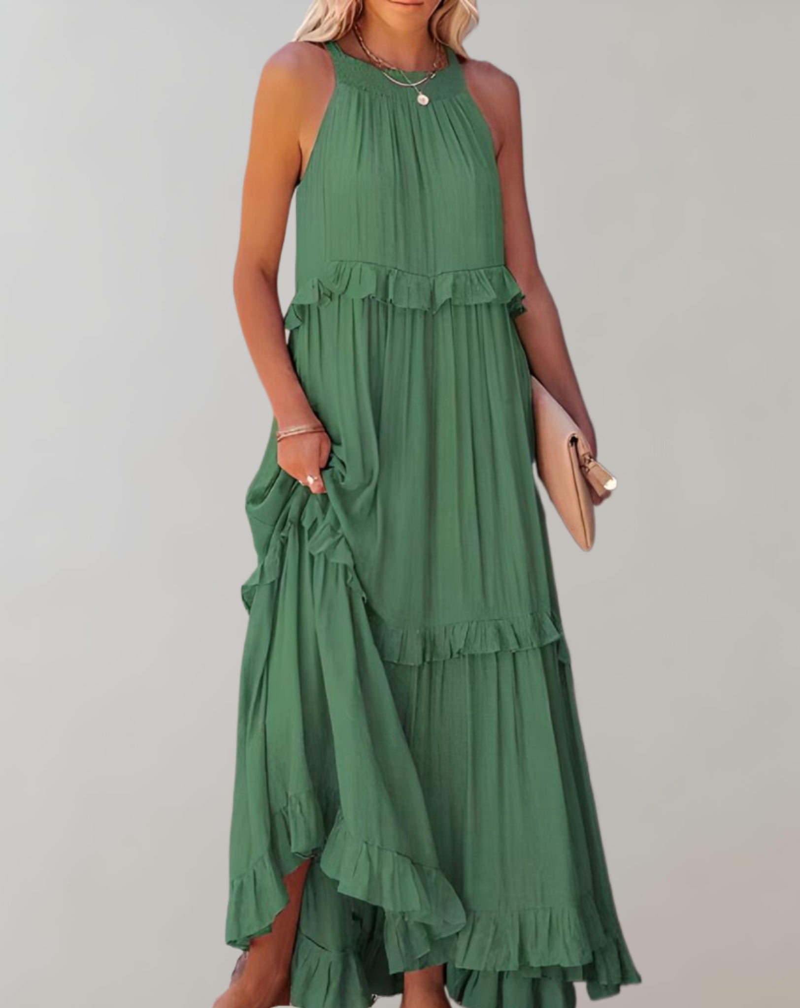 A sleeveless summer maxi dress, elegant and flowy