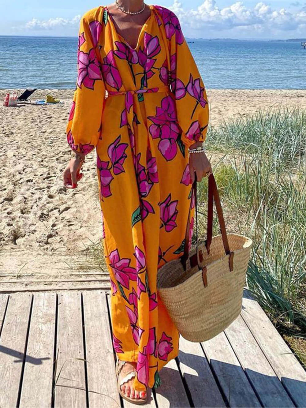 IsabellaGrace Elegant Women's Puff Sleeve Floral Maxi Dress