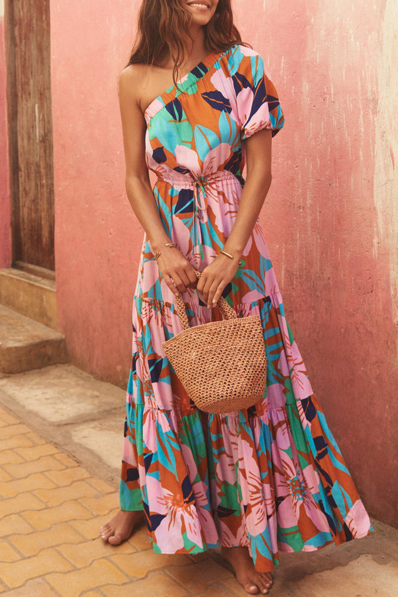 Women's floral dress with slash neckline for a summer garden party