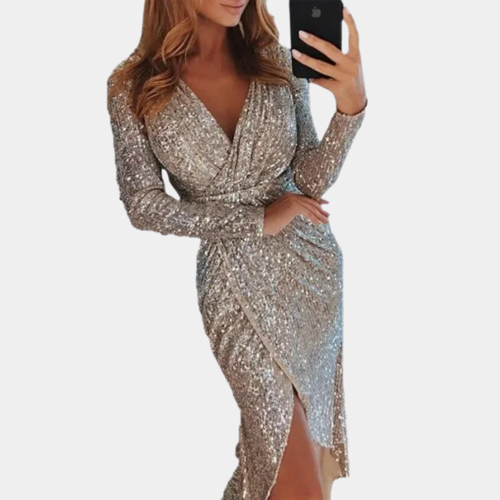 Silver sequin dress and high slit evening gown